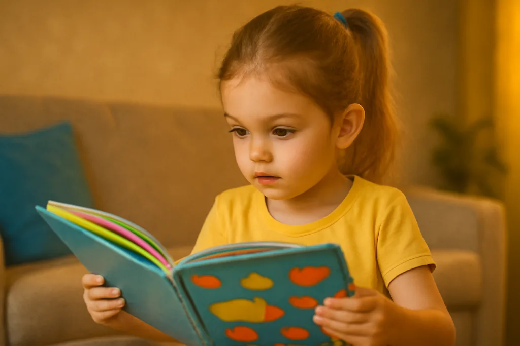 девочка с книгой, внимательно изучает развивающий материал