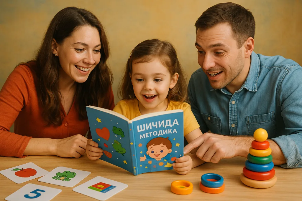 девочка с родителями читает книгу о методике Шичида, выражают любопытство