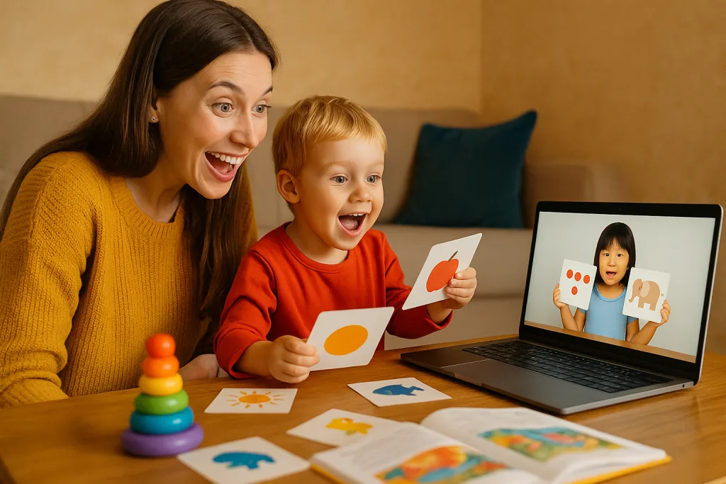 мать и ребёнок смотрят обучающее видео о методике Шичида, выражают восторг