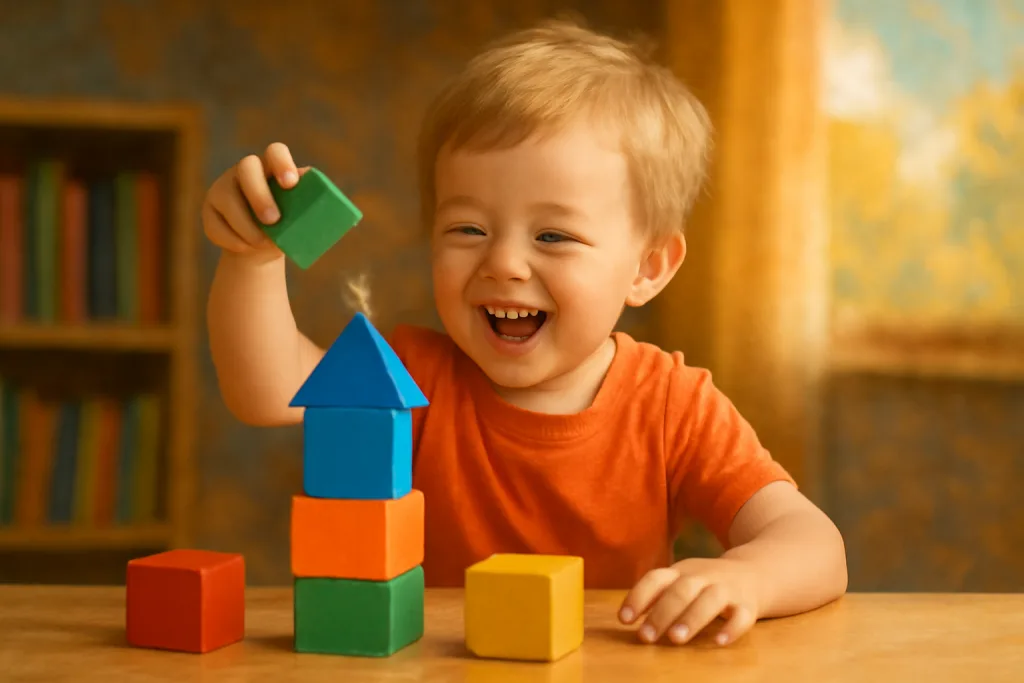 ребёнок играет с яркими блоками, эмоции радости и обучения